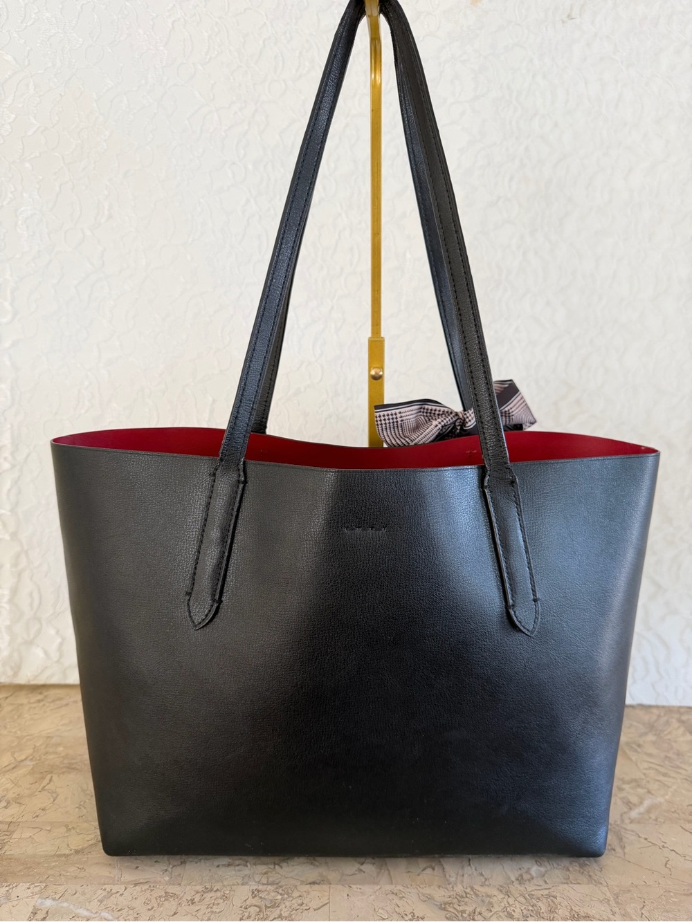 Coach Black Leather Tote with Red Interior and Plaid Bow - Picture 2 of 9